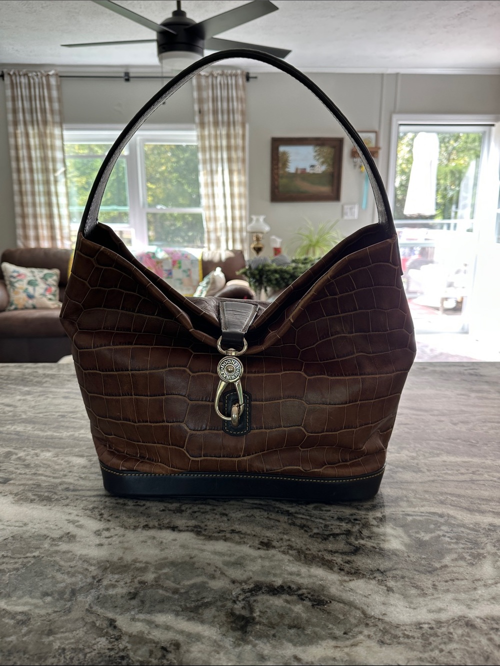 Dooney & Bourke Croc-Embossed Hobo Bag in Dark Brown with Black Trim